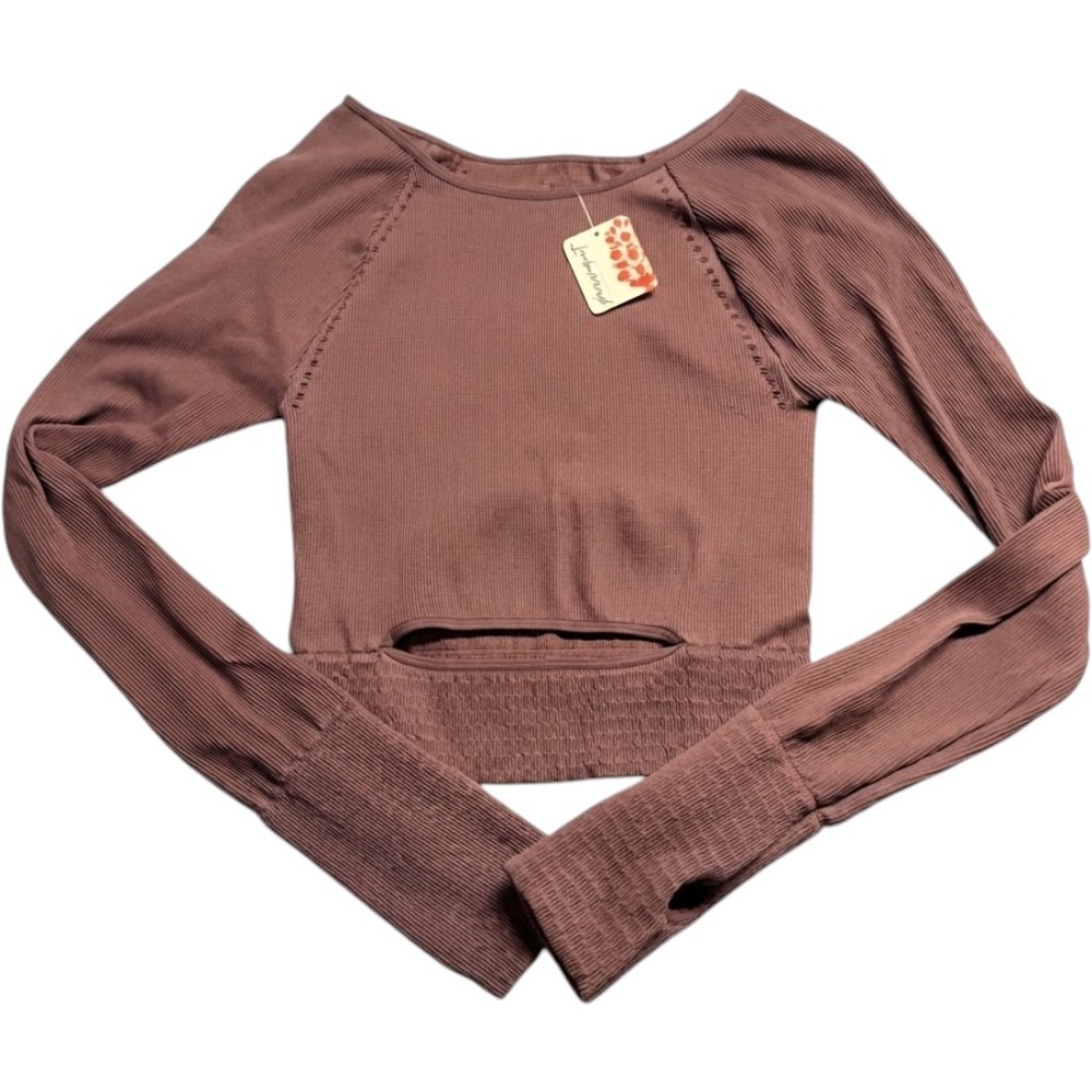 Free People FP Movement Crop Top Long Sleeve Mushroom Ribbed Cutout M-L